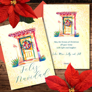 Feliz Navidad Wreath on Colourful Mexican Door Holiday Card
