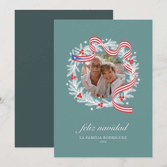 Feliz Navidad Wreath Photo Flat Holiday Card (Front/Back)
