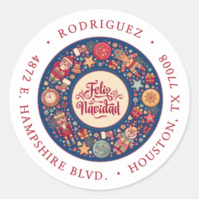 Feliz Navidad Wreath Return Address Classic Round Sticker (Front)