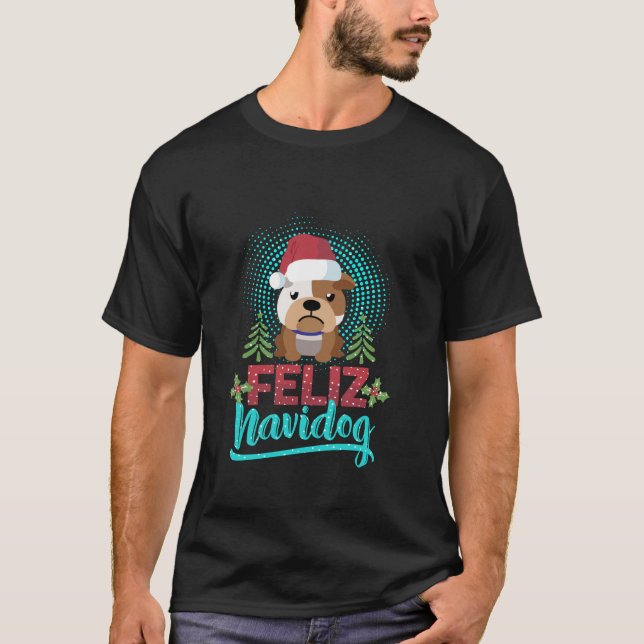 Feliz Navidog Bulldog Christmas Tree Christmas Gif T-Shirt (Front)