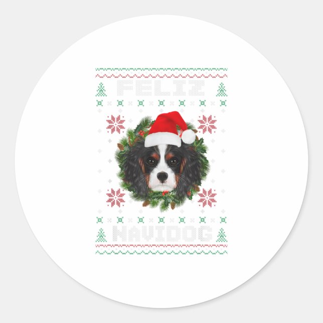 Feliz Navidog Cavalier Dog Santa Hat Ug Classic Round Sticker (Front)