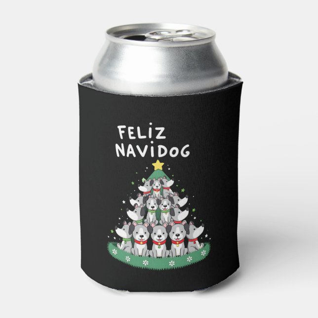 Feliz Navidog Christmas Dog T-Shirt, Funny Cute Xm Can Cooler (Can Front)