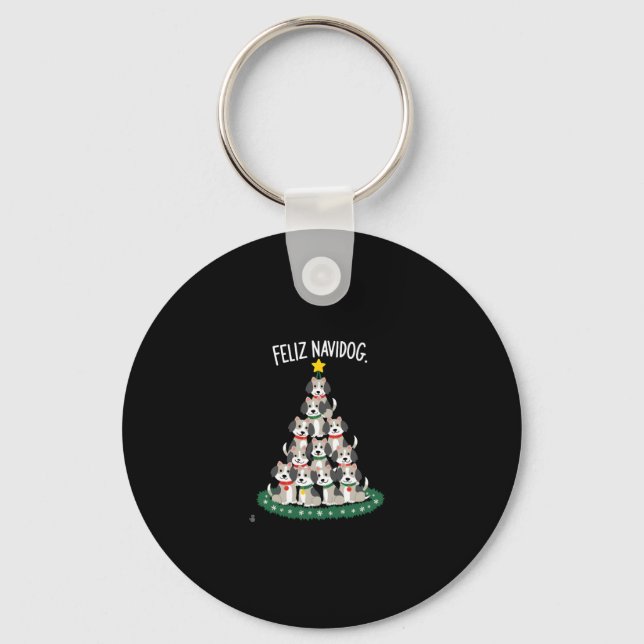 Feliz Navidog Christmas Dog T-Shirt, Funny Cute Xm Key Ring (Front)