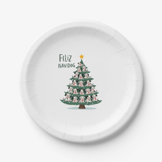 Feliz Navidog Christmas Dog T-Shirt, Funny Cute Xm Paper Plate (Front)