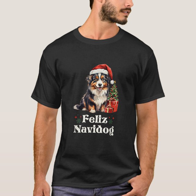 Feliz Navidog Christmas Dog Tree Australian Shephe T-Shirt (Front)