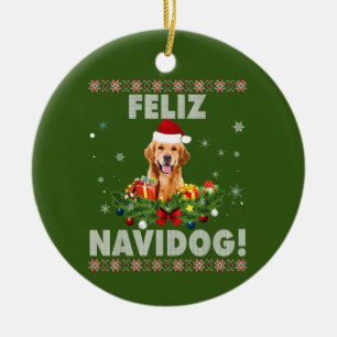 Feliz Navidog Golden Retriever Dog Ugly Sweater Ceramic Tree Decoration