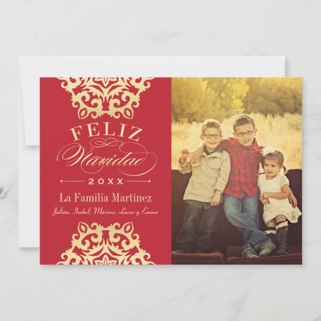 Feliz Tarjeta de la Photo by Navidad en Rojo y Oro Holiday Card (Front)