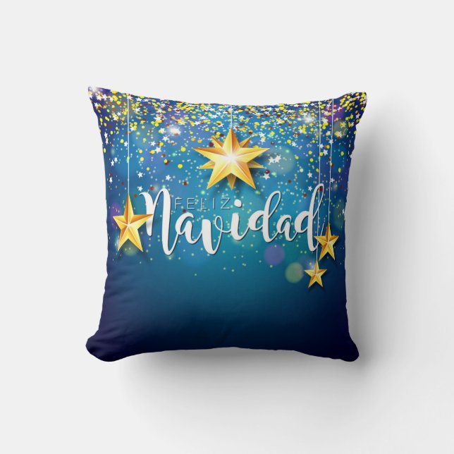 Felize Navidad Gold Stars Christmas Cushion (Front)