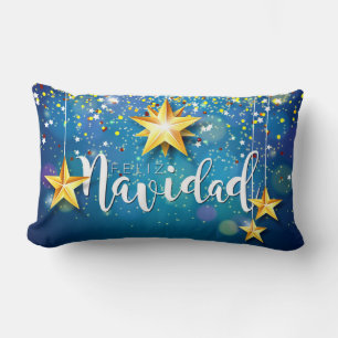 Felize Navidad Gold Stars Christmas Lumbar Cushion