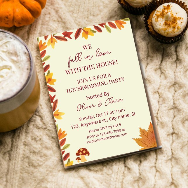 Fell in love Autumn leaves Fall Housewarming Party Invitation (Fall housewarming party invitation new home change of address we have moved moving party fall season)