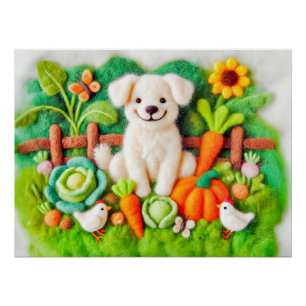 Felt Art Dogs Relaxing in a Colourful Garden Poster