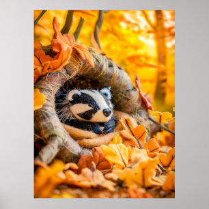 Felt Badger in Autumn Forest Poster