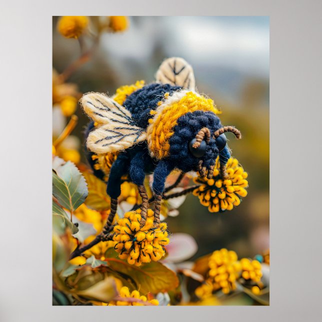 Felt Bumblebee on Blooming Flowers Poster (Front)