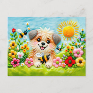 Felt Dog in a Blooming Garden with Bees Postcard