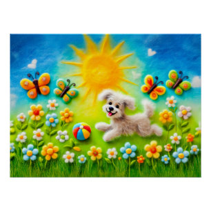 Felt Dog Running after ball in Meadow Poster