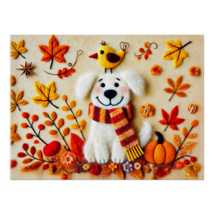 Felt Dog with Autumn Leaves and a Bird Poster