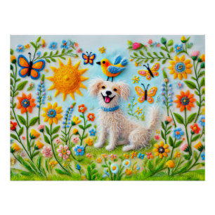Felt Dog with Butterflies in Garden Poster