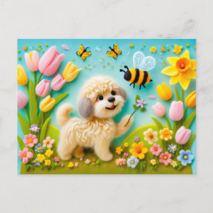 Felt Dog with Spring Blossoms Postcard