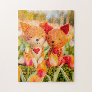 Felt Fox Couple in Tulip Field Jigsaw Puzzle