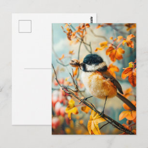 Felt Great Tit with Caterpillars in Autumn Bush Postcard