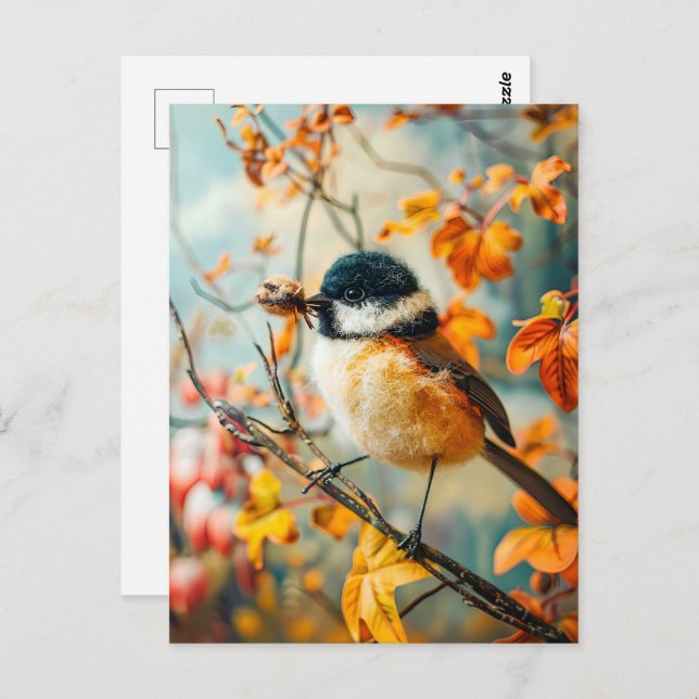 Felt Great Tit with Caterpillars in Autumn Bush Postcard (Front/Back)
