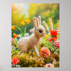 Felt Hare in Colourful Flower Meadow Poster