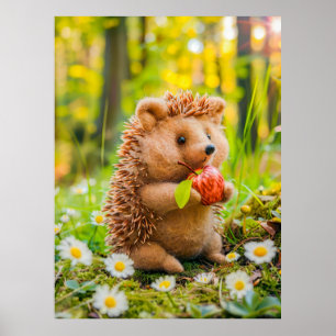 Felt Hedgehog with Apple in Daisy Patch Poster