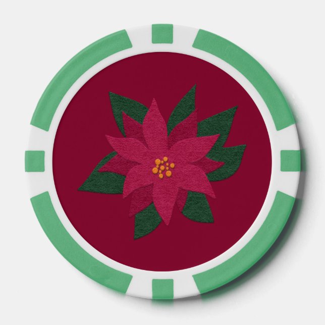 Felt Look Red Poinsettia Flower Holiday Poker Chips (Front)
