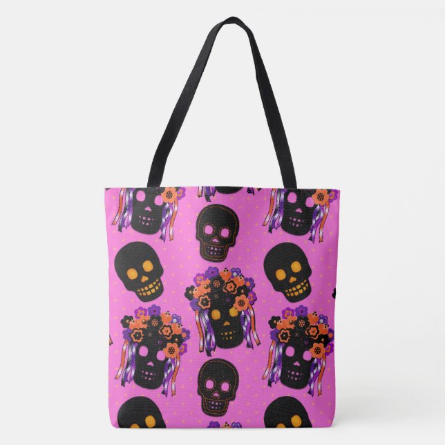 Felt Look Skulls on Pink Halloween Treat Bag (Front)
