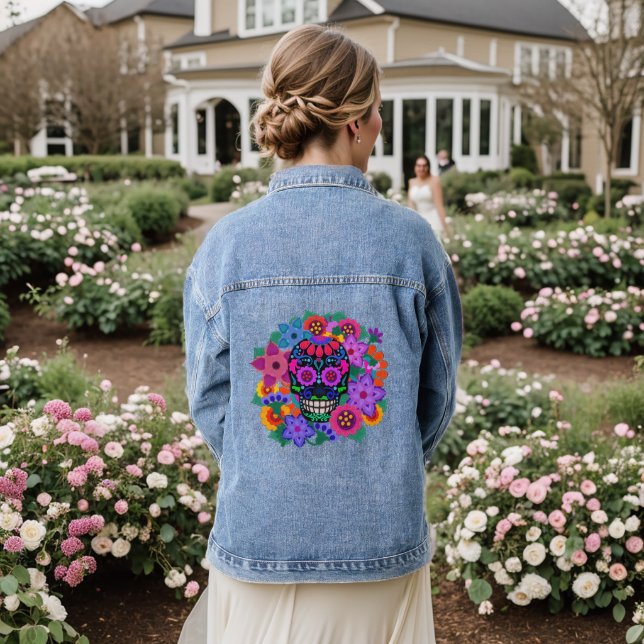 Felt Look Sugar Skull with Flowers Beautiful Denim Jacket (Wedding Back)