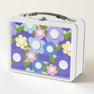 Felt Style Flowers With Stitching So Cute Metal Lunch Box