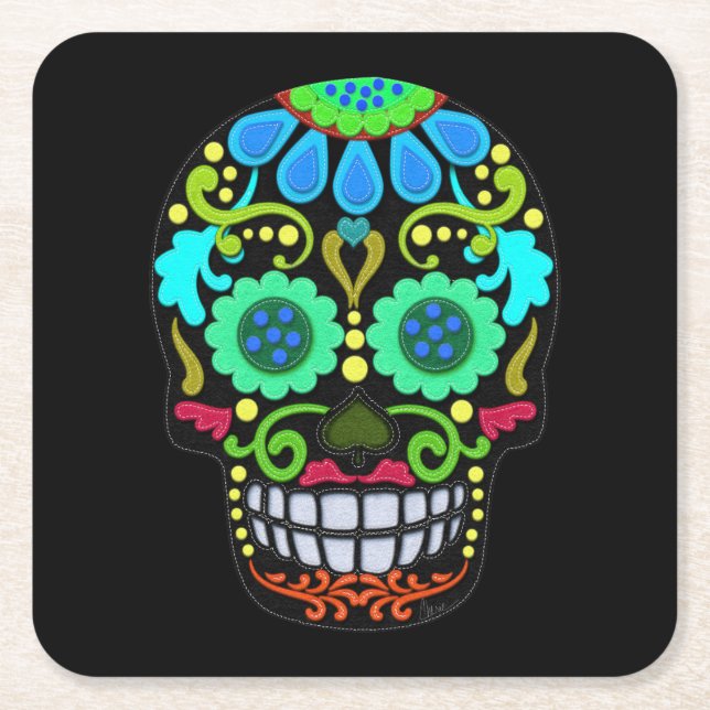Felt Style Sugar Skull Faux Felt Square Paper Coaster (Front)