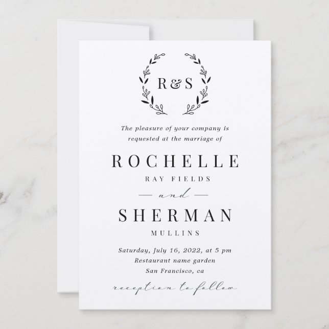 Felt White Premium Rustic Leaf Monogram Wedding Invitation (Front)