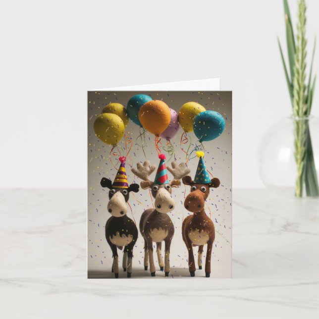 Felted Moose Party Greeting Card (Front)