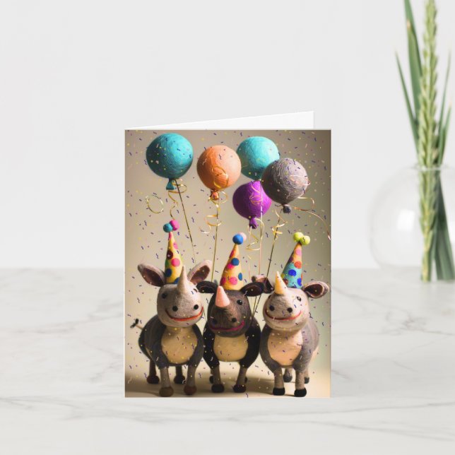 Felted Party Rhinos Celebration Card (Front)