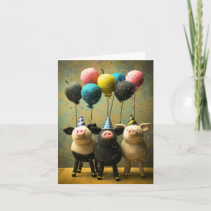 Felted Pigs Birthday Card with Balloons