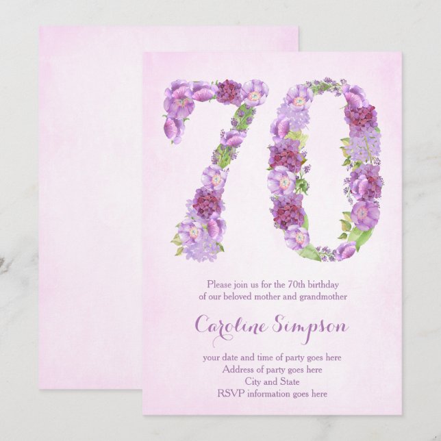 female 70th birthday invitations, lavender invites (Front/Back)