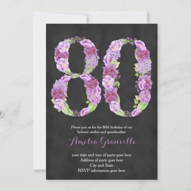female 80th birthday invitations, lilac invites (Front)
