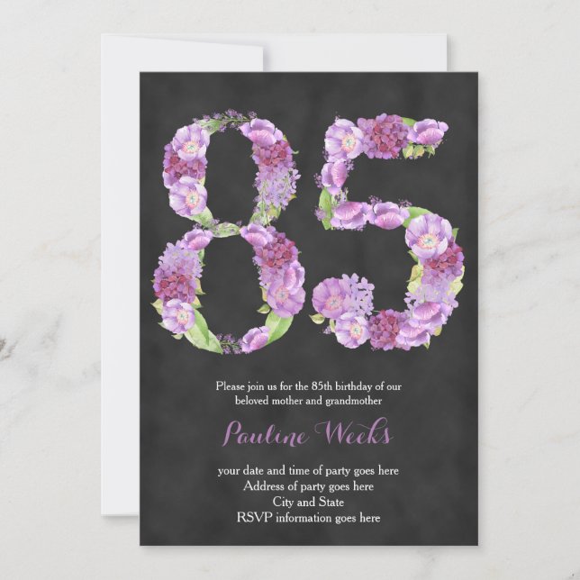 female 85th birthday invitations, lavender invites (Front)