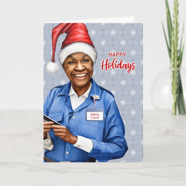 Female African American Postal Worker Christmas Holiday Card (Front)
