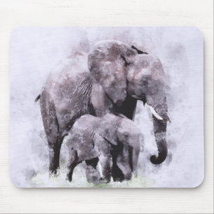 Female African Elephant with Calf Watercolor Mouse Mat
