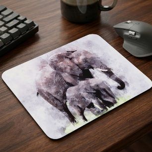 Female African Elephant with Calf Watercolor Mouse Mat