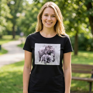 Female African Elephant with Calf Watercolor T-Shirt