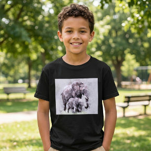 Female African Elephant with Calf Watercolor T-Shirt