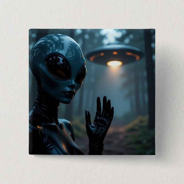 Female Alien Extraterrestrial and UFO 15 Cm Square Badge (Front)