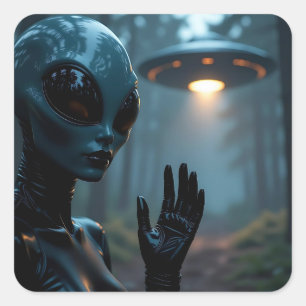 Female Alien Extraterrestrial and UFO Square Sticker