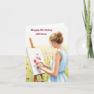 Female Artist Painting Flowers in a Field Birthday Card