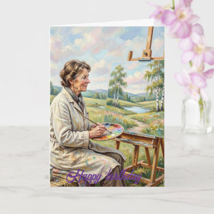 Female Artist Painting Flowers in a Field Birthday Card