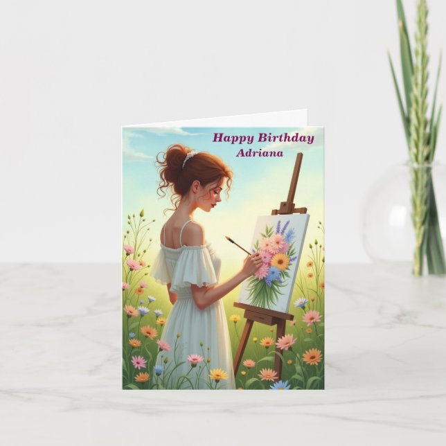 Female Artist Painting Flowers in a Field Birthday Card (Front)