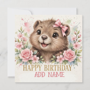 Female Beaver: Baby Animal Pastel bow & Flowers  Card